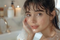 Young Asian woman with glowing dewy skin and natural makeup relaxing in bathtub, face close-up showing moisturized complexion and gentle smile in soft ambient lighting.