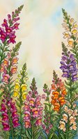 Colorful snapdragon flowers in watercolor style, blooming in pink, purple, yellow and orange with green stems on soft pastel background.