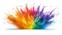 Explosive rainbow powder burst on white background, colorful holi paint splash with orange, yellow, red, purple, green and blue dust cloud spreading horizontally.