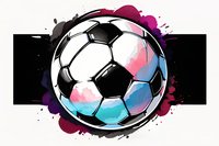Soccer ball with dynamic watercolor splashes in pink, blue and purple against black background. Modern sports art style with grunge elements and bold contrast.