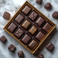 Luxury dark chocolate bonbons in golden gift box on marble background with scattered truffles. Gourmet confectionery with gold sparkle and geometric patterns.