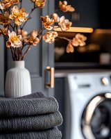 Cozy laundry room interior with folded gray knit blankets, white ribbed vase with golden flowers, and modern washing machine against dark wall. Warm mood lighting.