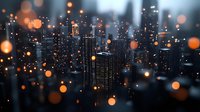 Modern cityscape with glowing bokeh lights and illuminated skyscrapers at night creating magical urban atmosphere. Dark moody metropolitan skyline with light effects.