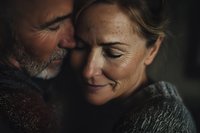Mature couple embracing intimately with eyes closed, showing deep connection and love in warm lighting for relationship and aging together concepts.