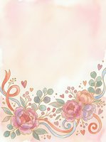 Watercolor floral border with pink peonies, eucalyptus leaves, decorative swirls and scattered hearts on soft cream background. Suitable for wedding invitations, greeting cards, stationery design.