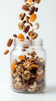 Mixed nuts and dried fruits falling into glass jar on white background, healthy snack food for nutrition and wellness.