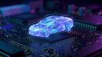 Futuristic holographic car projection on circuit board with neon lighting showcasing automotive technology and digital innovation for tech presentations.