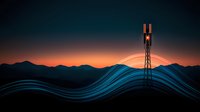 Cellular tower silhouette against dramatic sunset sky with glowing blue wave pattern overlay and mountain range, representing digital connectivity and signal waves.