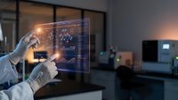 Technician in white gloves interacting with holographic digital interface displaying data analytics and network connections in modern laboratory setting.