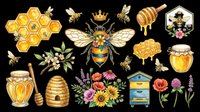 Honey bee collection with honeycomb, jars, hive, flowers and golden elements isolated on transparent background. Ready for t-shirt design, clipart, stickers, sublimation and print-on-demand products.