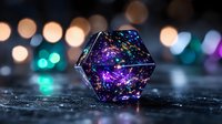 Geometric crystal prism with rainbow holographic reflections on dark surface with colorful bokeh lights background for modern design projects.