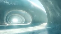 Futuristic curved tunnel with glowing light at end, featuring smooth white architectural elements and ethereal atmosphere in cool blue tones. Sci-fi interior concept.