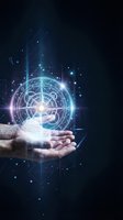 Human hands holding glowing mystical compass with sacred geometry patterns and sparkling light effects on dark background for spiritual design.