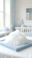 Fluffy white foam bath bubbles on blue tray in bright bathroom interior with soap bubbles floating around creating relaxing spa atmosphere.