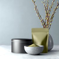 Green powder supplement in stone bowl with packaging pouch, metal tin container and decorative willow branches in modern minimalist setting against light background.