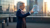 Mature Caucasian businessman in suit holding holographic scales of justice symbol against urban cityscape background at sunset for legal technology concepts.
