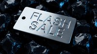 Metallic price tag with embossed Flash Sale text resting on dark glossy rocks with blue highlights, conveying luxury discount promotion.