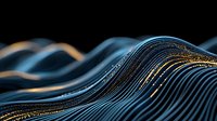 Elegant flowing lines with golden glitter particles on dark background create abstract wave pattern in blue and gold tones. Luxury design element.