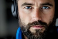 Close up portrait of bearded Caucasian male with intense blue eyes wearing headphones and blue jacket, looking directly at camera with confident expression.