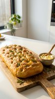 Freshly baked focaccia bread with rosemary and sea salt on wooden board, served with butter in small bowl, ideal for bakery, food styling, and culinary content.