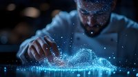 Middle Eastern man with beard manipulating glowing blue digital wave visualization on dark background, demonstrating futuristic technology interface.
