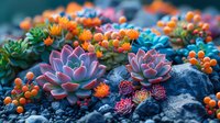 Vibrant pink and purple succulent plants with orange berries growing among dark rocks, creating colorful garden composition with natural lighting and soft bokeh effect.