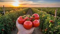 Fresh ripe tomatoes in farmer hand at sunset in agricultural field. Organic vegetable harvest concept for healthy eating and sustainable farming practices.