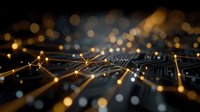Abstract digital network with glowing golden connections and bokeh lights on dark circuit board background for technology presentations.