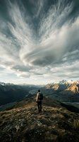 Hiker with backpack standing on mountain ridge overlooking vast alpine valley and snow-capped peaks under dramatic cirrus cloud formations. Adventure travel concept.