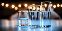 Three clear glasses filled with fresh water on reflective surface with warm bokeh lights creating ambient restaurant or bar atmosphere for hospitality concepts.
