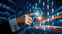 Businessman hand touching digital network with human icons representing global connectivity and human resources management in modern technology.