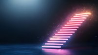 Glowing neon pink staircase floating in dark space with atmospheric lighting and fog effects, leading upward into mysterious bright light, creating futuristic ambiance.