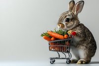 Cute fluffy rabbit pushing a small shopping cart full of fresh carrots on a light background, copy space for pet or food retail concepts.