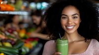 Young African American woman with natural curly hair smiling while holding green smoothie at juice bar. Healthy lifestyle and wellness concept with fresh produce background.