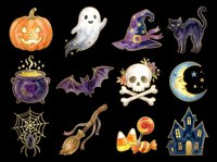 Halloween clipart set with pumpkin, ghost, witch hat, black cat, cauldron, bat, skull, moon, spider web, broom, candy, and haunted house, isolated on transparent background, ready for stickers and t-shirts.