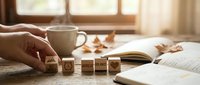 Wooden letter blocks spelling GOALS on desk with coffee cup, open book and warm sunlight streaming through window creating motivational workspace atmosphere.