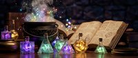Magical alchemy laboratory with glowing potions, ancient spellbook, mortar and pestle on wooden table with mystical starry background for fantasy themes.