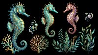 Colorful ornate seahorses with coral and seaweed elements, isolated on transparent background, ready for stickers, t-shirt design, print on demand, and clipart use.