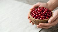 Close-up of hands holding wooden bowl filled with fresh red currants on white wooden surface. Suitable for food, nutrition, and healthy eating content.
