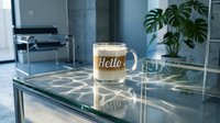 Glass mug with latte art spelling Hello on a modern glass table in a bright contemporary office interior with green plants.