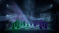 Digital chess game with glowing green and purple pieces on futuristic board surrounded by holographic data streams and cyber technology interface elements.
