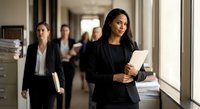 Professional South Asian businesswoman in black suit walking confidently through modern office corridor with tablet, leading diverse team of colleagues.