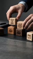 Businessman arranging wooden blocks with business icons including target, hourglass, team, and calendar, symbolizing strategic planning and management.