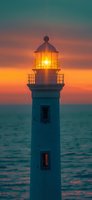 Lighthouse beacon glowing at sunset against orange and teal sky, illuminating maritime navigation tower above calm ocean waters at dusk.