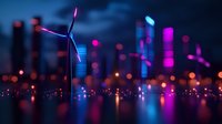 Wind turbine silhouette against urban night skyline with vibrant neon pink and blue bokeh lights reflecting on water surface, modern sustainable energy concept.