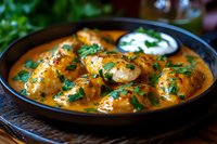 Tender chicken meatballs in creamy curry sauce garnished with fresh herbs and served with yogurt dip in black ceramic bowl on wooden surface.