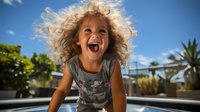 Joyful mixed race child with curly blonde hair laughing outdoors on sunny day, expressing pure happiness and authentic emotion against blue summer sky.