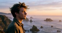 Young man with tousled hair gazing at ocean sunset from coastal cliff, peaceful moment of contemplation and freedom during golden hour adventure.