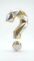 Geometric question mark symbol with gold and silver metallic polygonal facets on white background for business presentations and design projects.