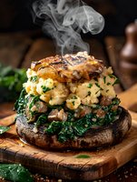 Grilled portobello mushroom stuffed with sauteed spinach, mac and cheese, topped with caramelized onions on rustic wooden board with rising steam and herbs.